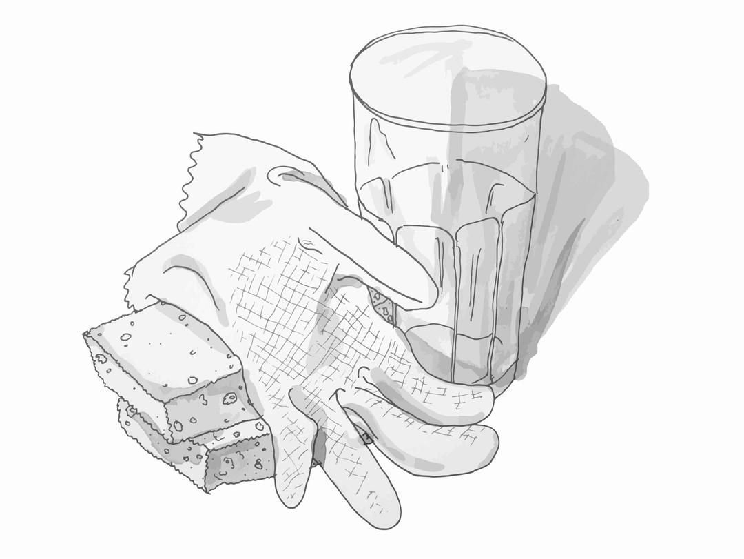 Sponges, plastic glove and a mug png transparent
