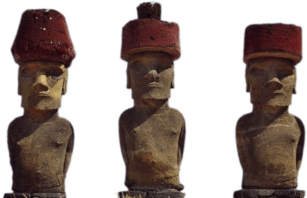 Three Moai Statues With Red Hats png transparent