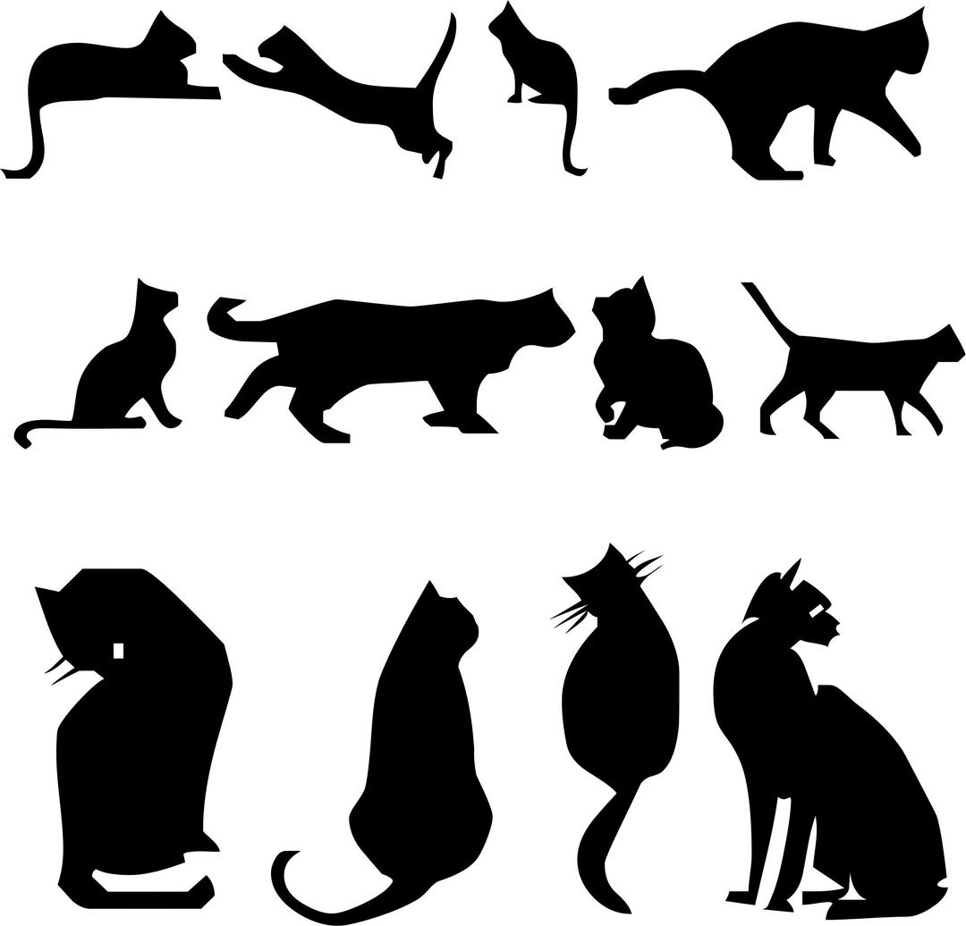 Twelve Stylized Cats Silhouettes png transparent