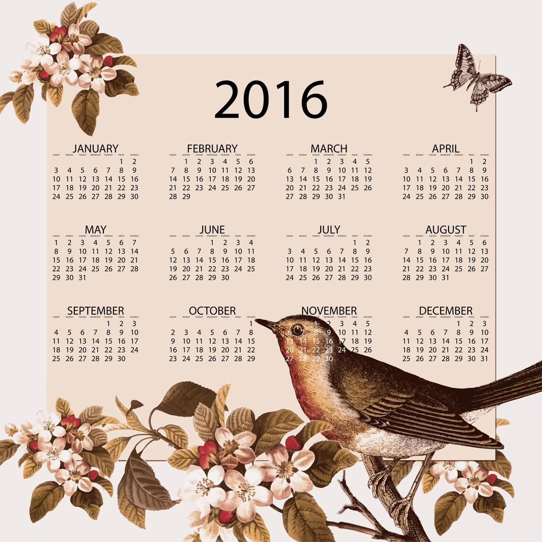 Vintage Bird And Floral 2016 Calendar png transparent