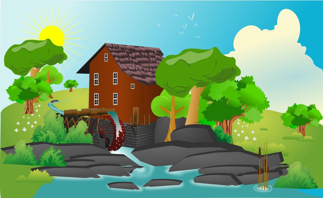 watermill in landscape - square png transparent
