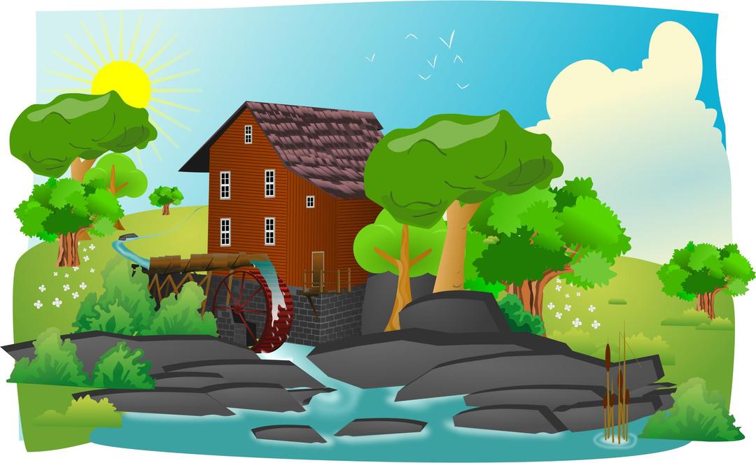 Watermill in lanscape png transparent