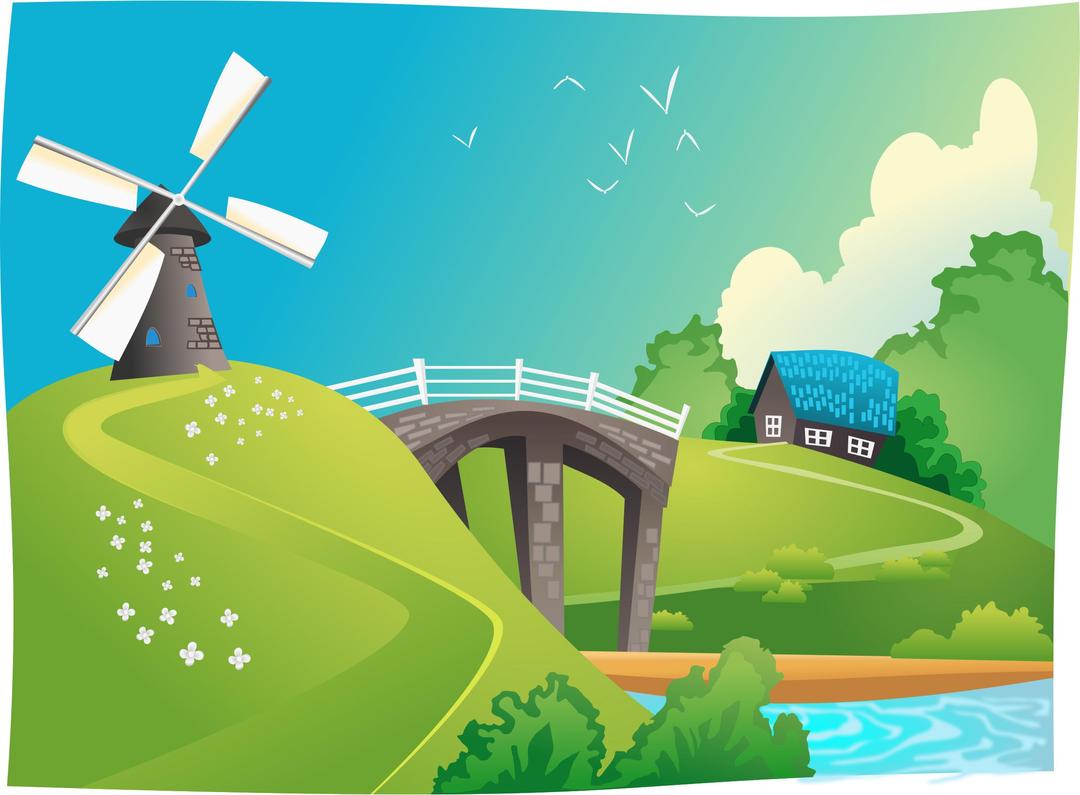 Windmill in landscape png transparent