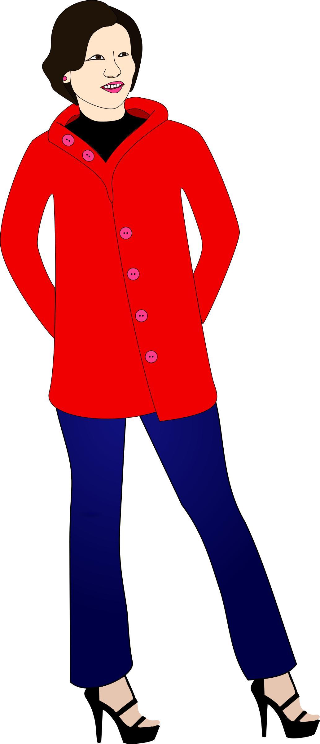 Woman in jeans, heels, and a red coat png transparent