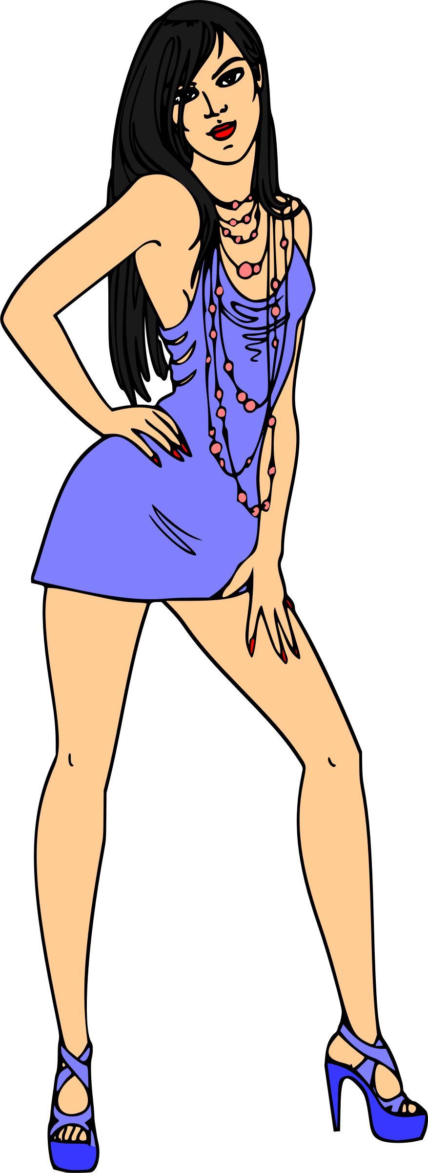 Woman in short blue dress (black hair, light skin) png transparent