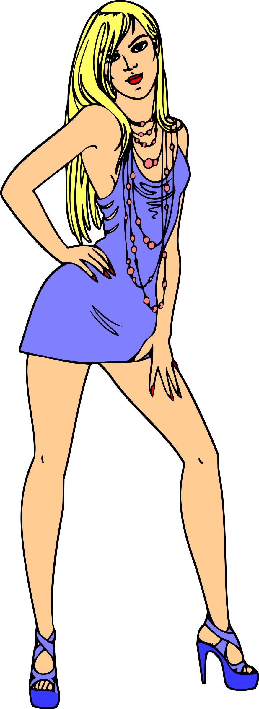Woman in short blue dress (blonde hair, light skin) png transparent