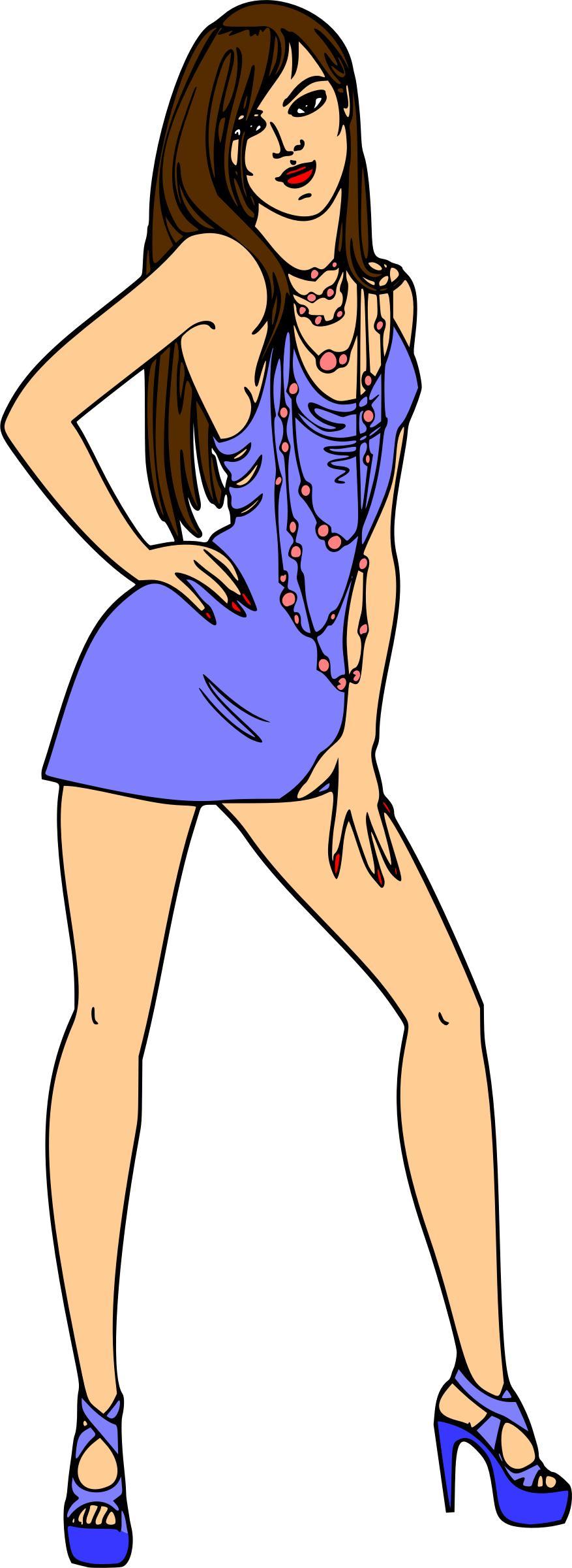 Woman in short blue dress (brown hair, light skin) png transparent