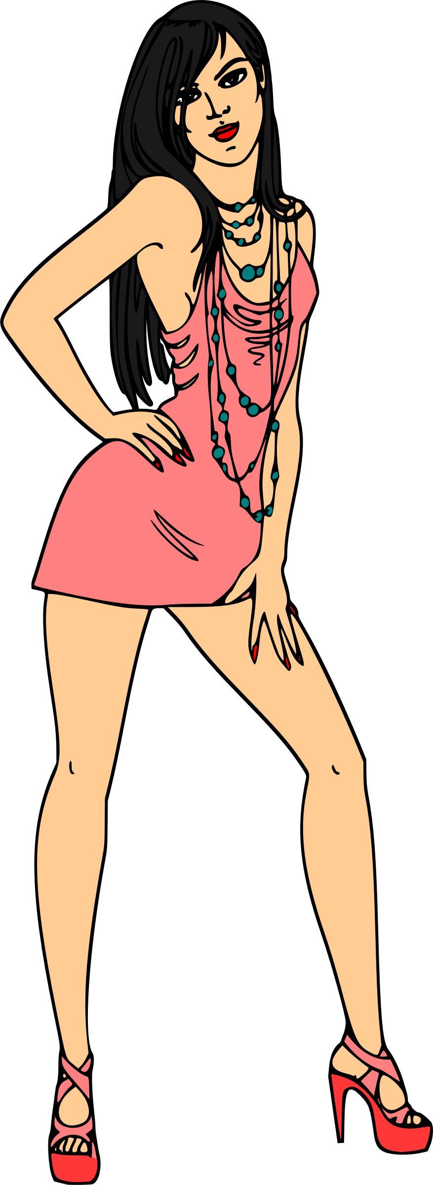Woman in short pink dress (black hair, light skin) png transparent