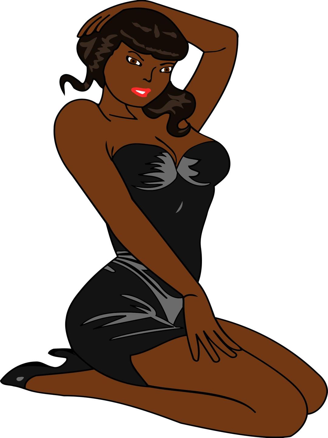 Woman kneeling (dark skin, black dress, black hair) png transparent