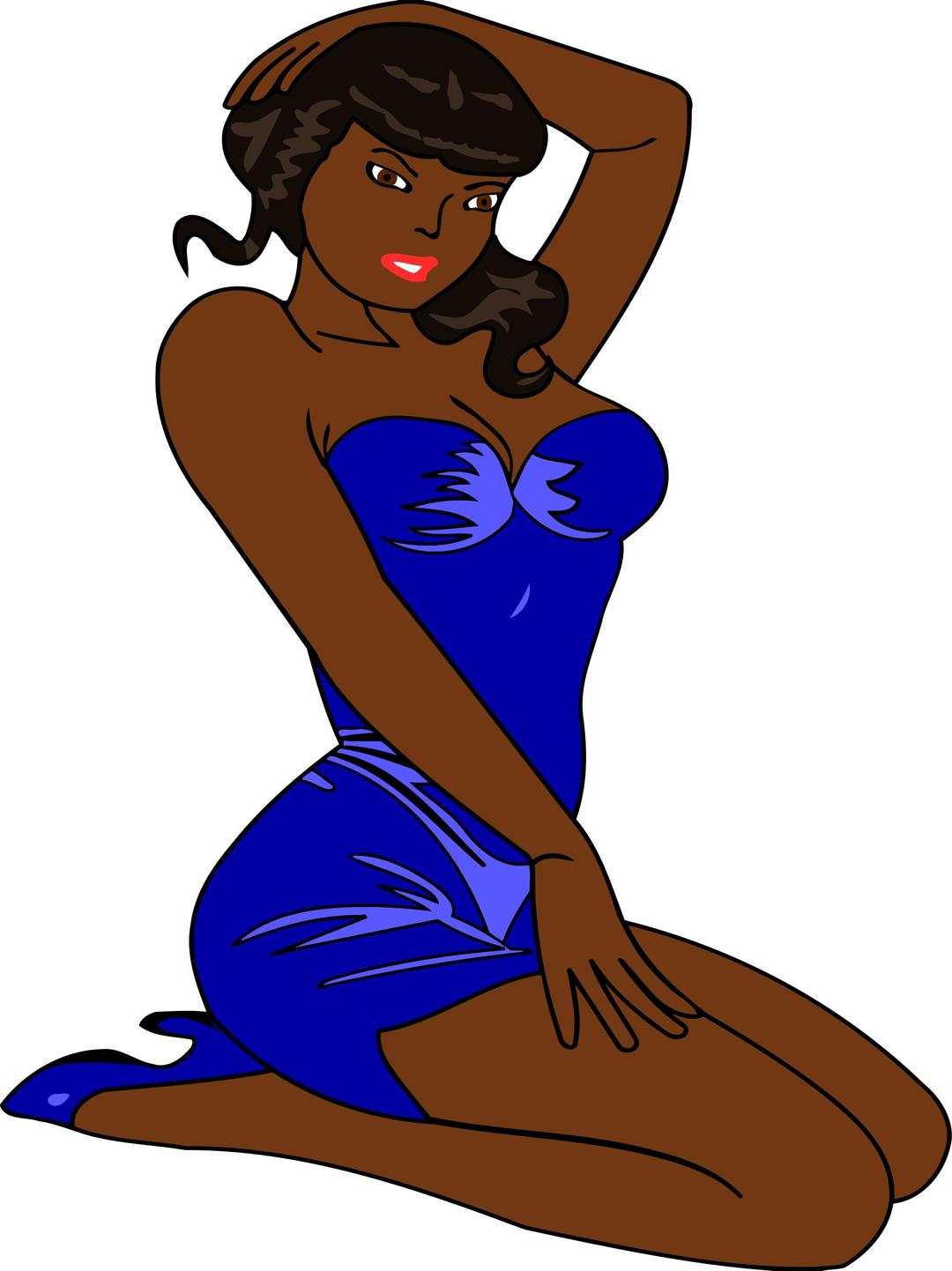 Woman kneeling (dark skin, blue dress, black hair) png transparent