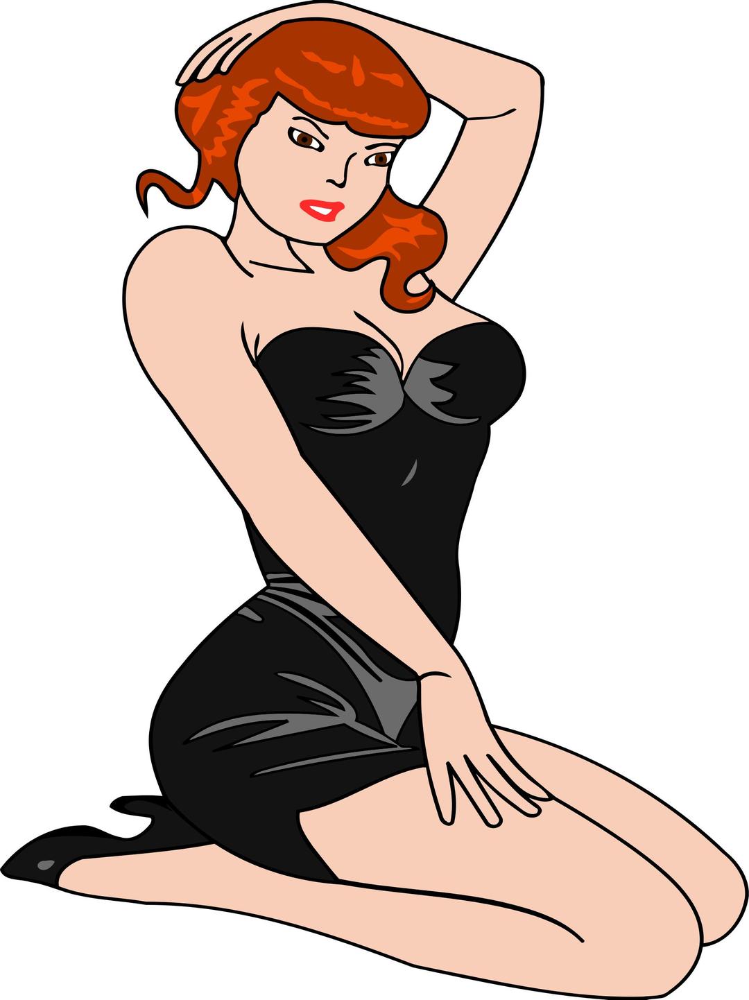 Woman kneeling (light skin, black dress, red hair) png transparent