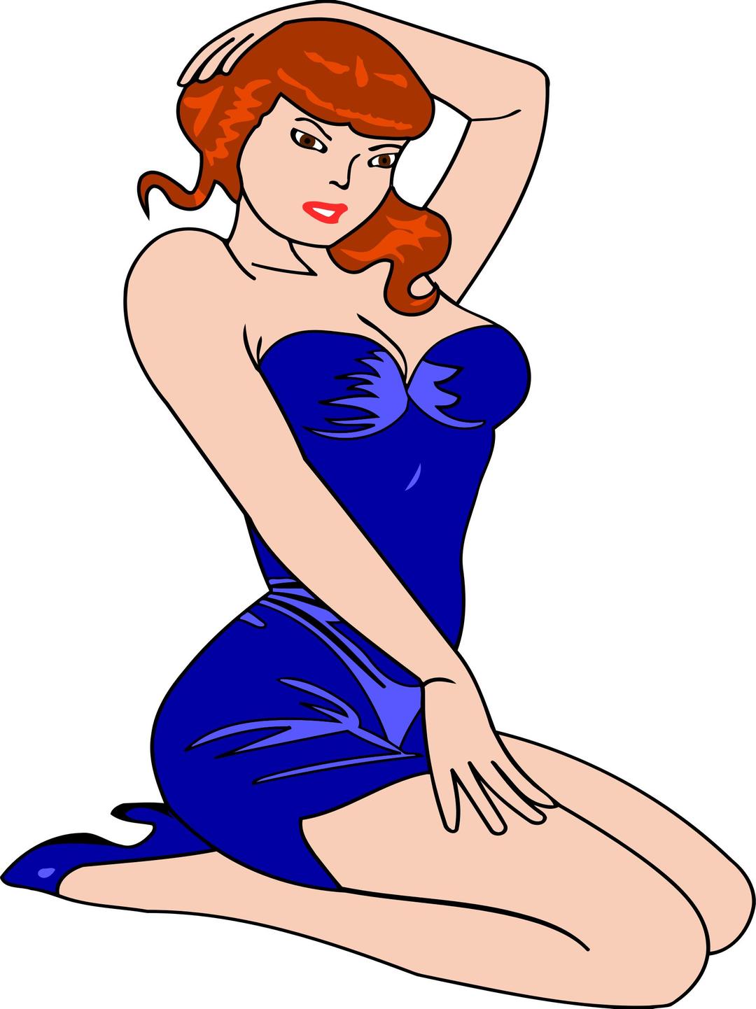 Woman kneeling (light skin, blue dress, red hair) png transparent