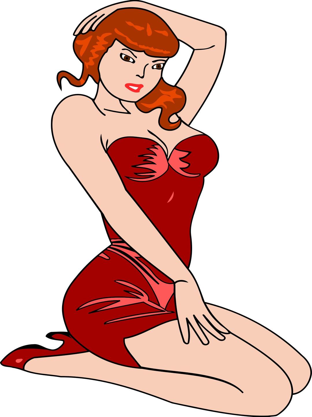Woman kneeling (light skin, red dress, red hair) png transparent