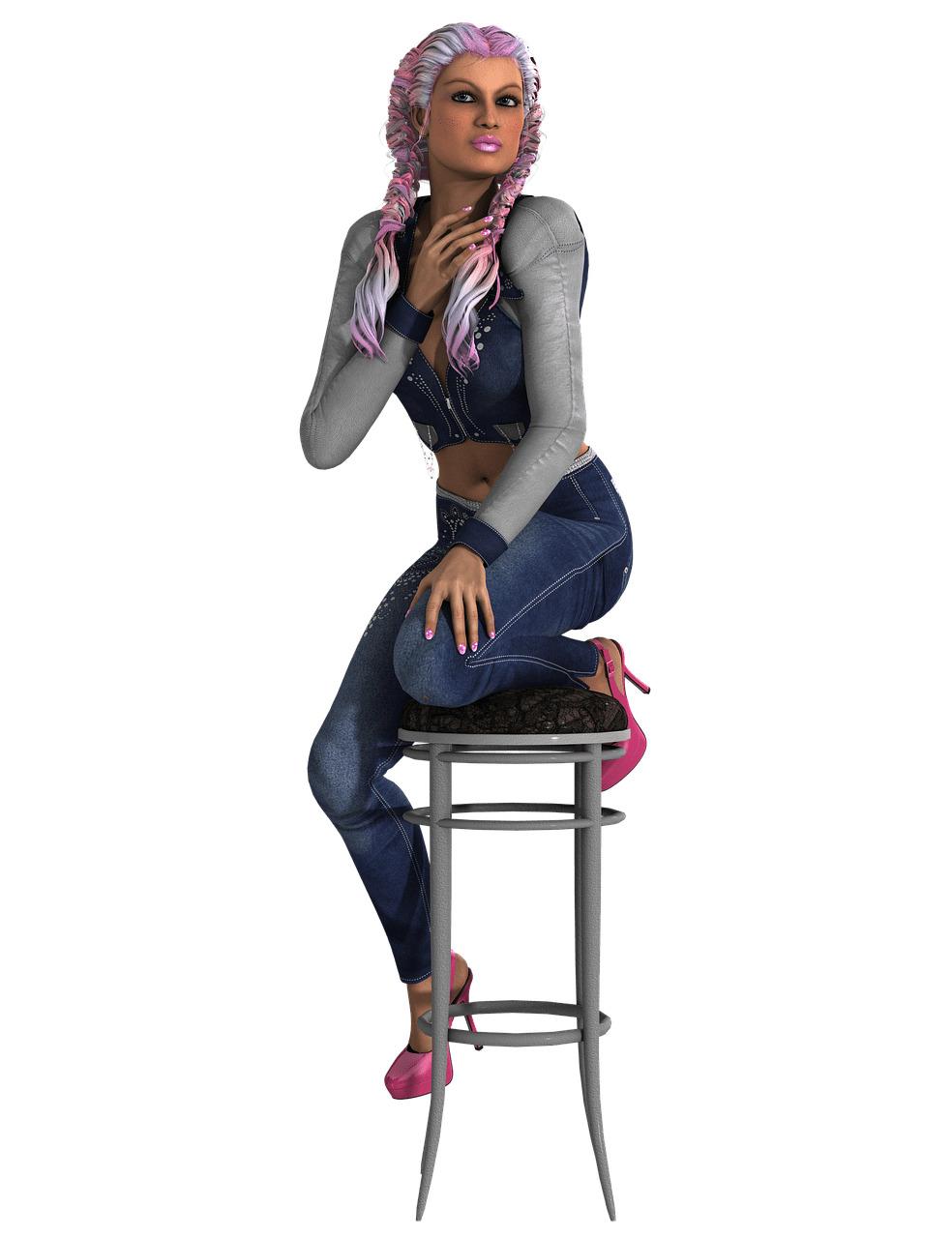 Woman Pink Plaits Sitting on Stool png transparent