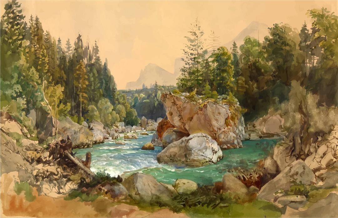 Wooded River Landscape in the Alps Thomas Ender png transparent