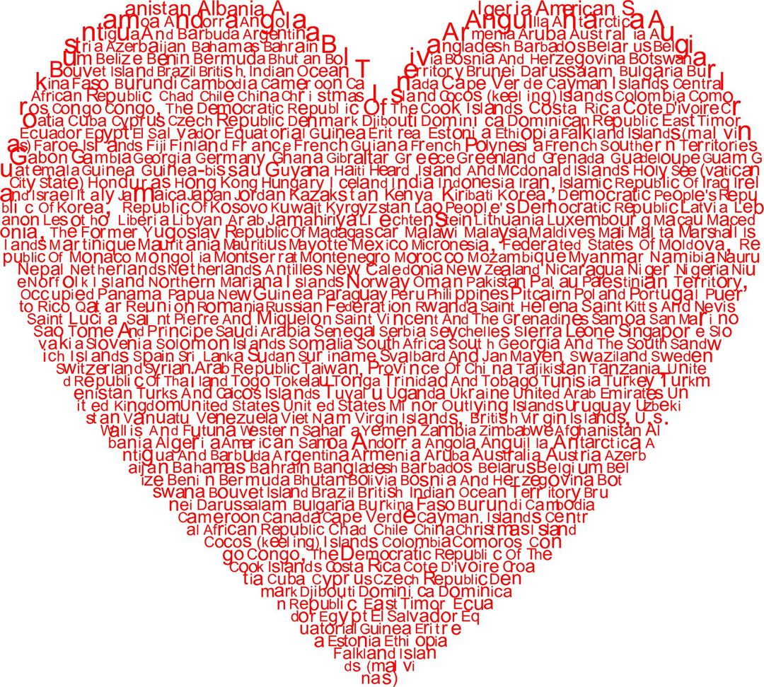 World Countries Heart Typography png transparent