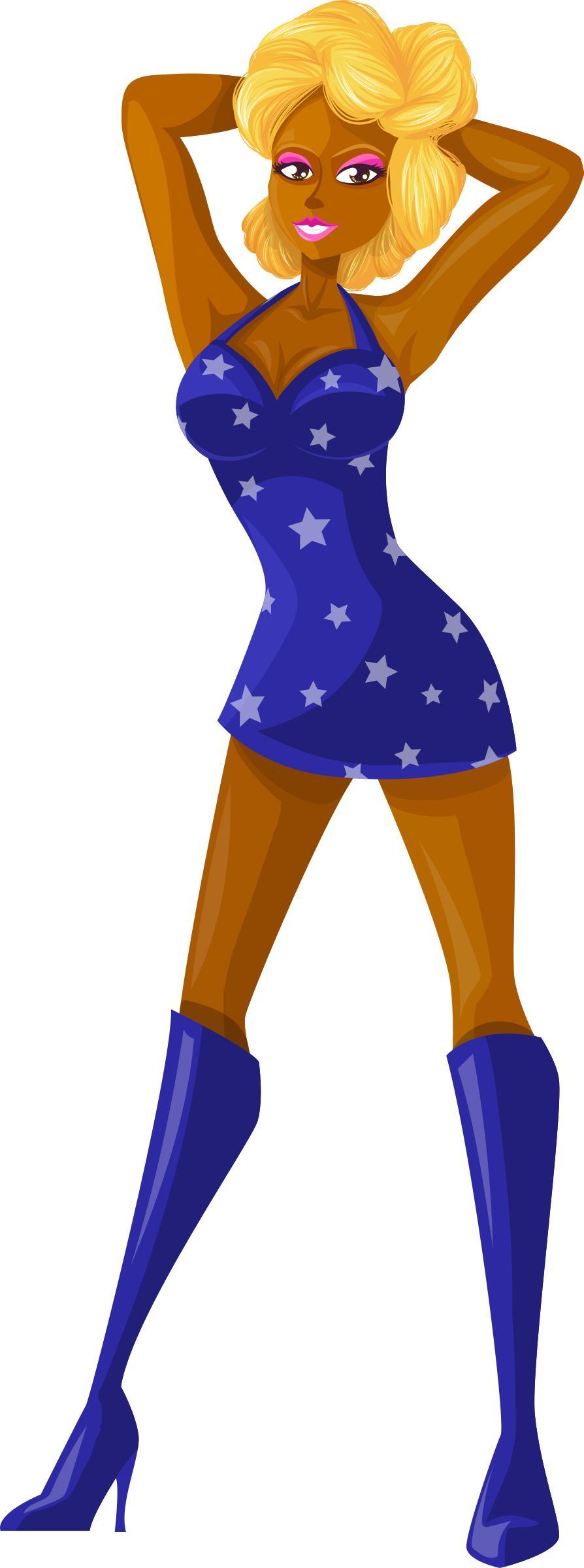 Young lady 2 (blonde, dark skin, starry dress #3) png transparent