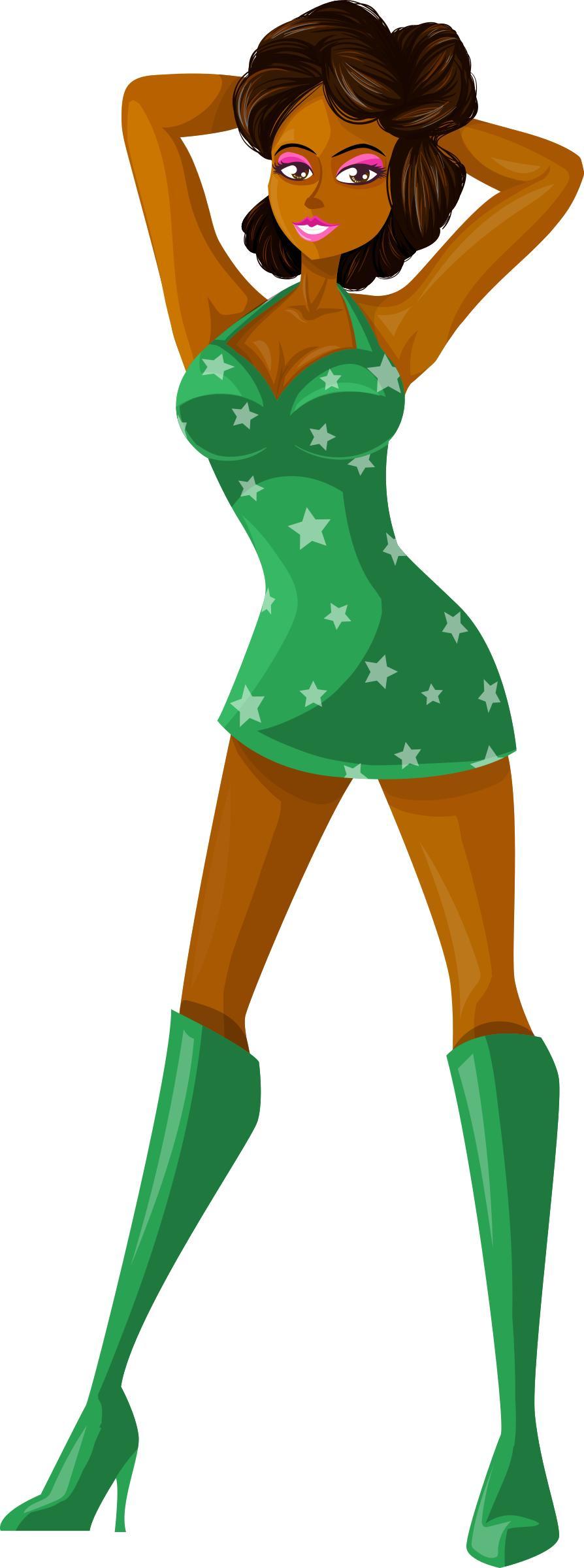 Young lady 2 (brown hair, dark skin, starry dress #4) png transparent