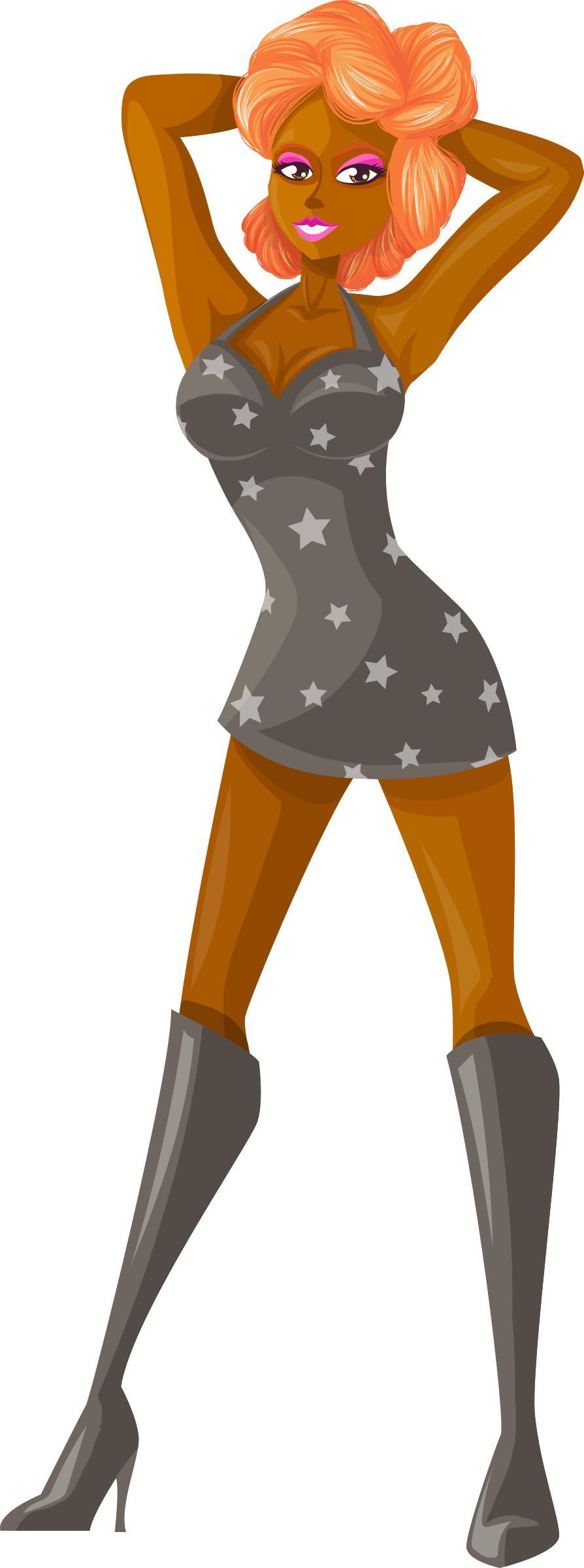 Young lady 2 (redhead, dark skin, starry dress #1) png transparent