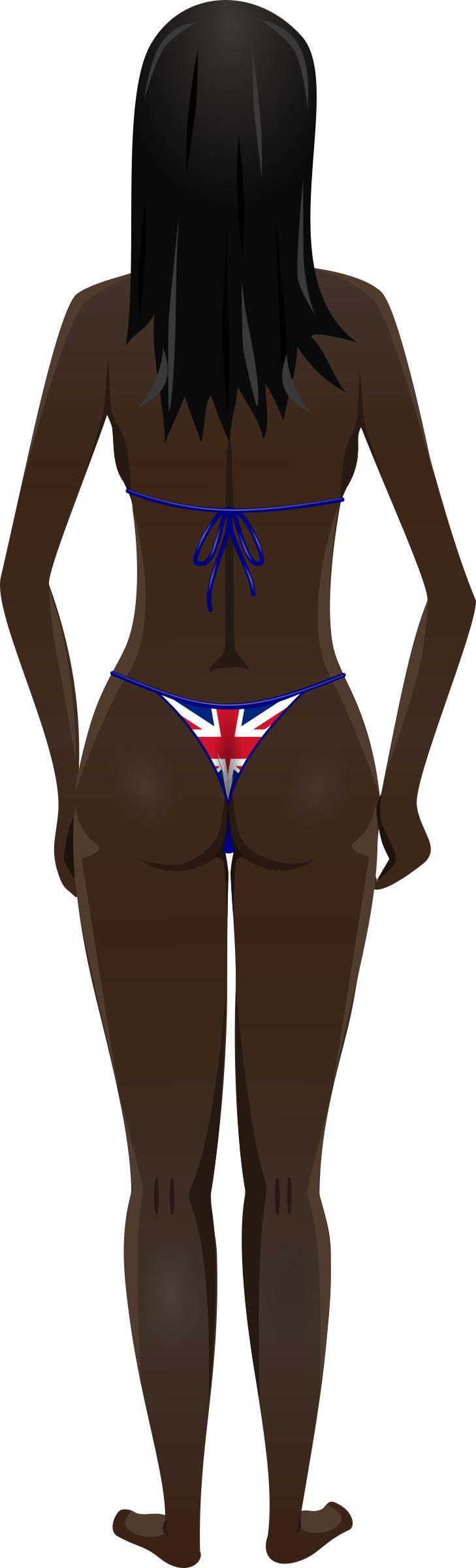 Young lady (dark skin, flag bikini, black hair) png transparent