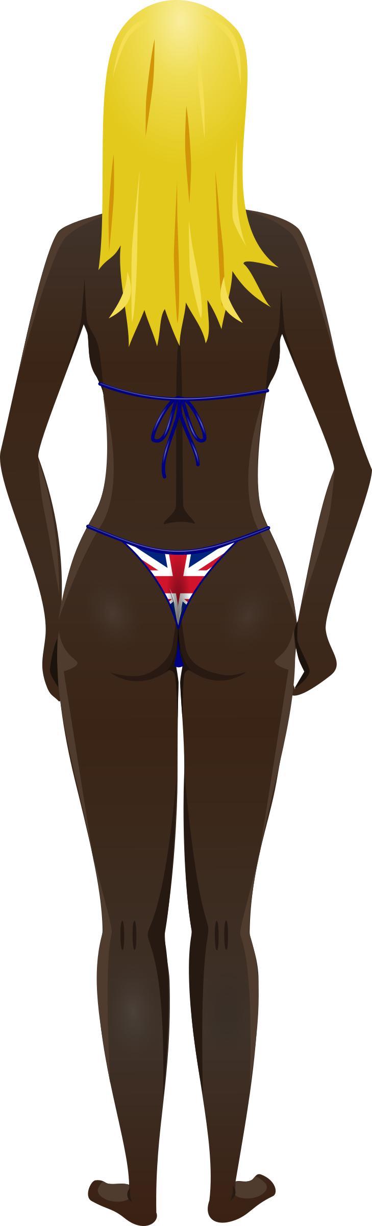 Young lady (dark skin, flag bikini, blonde hair) png transparent