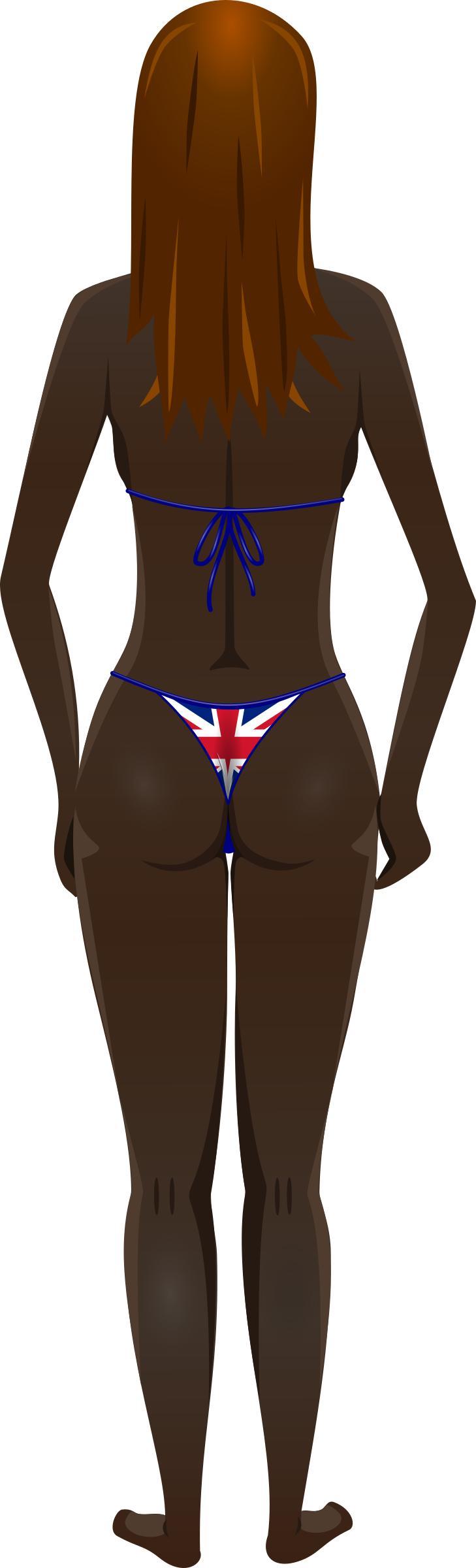 Young lady (dark skin, flag bikini, brown hair) png transparent
