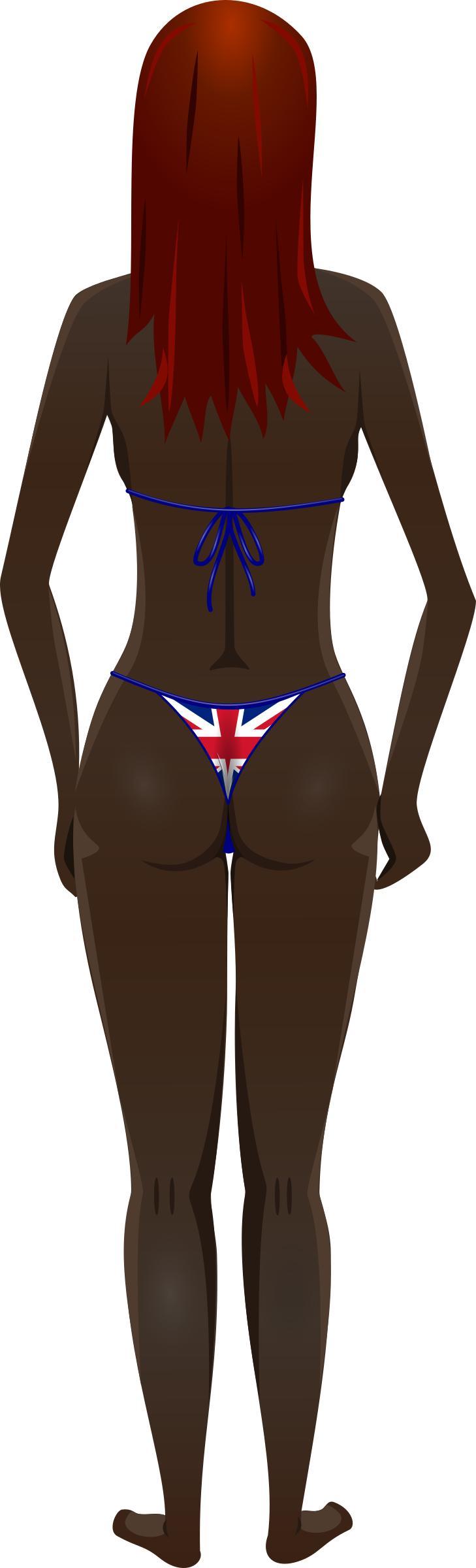 Young lady (dark skin, flag bikini, red hair) png transparent