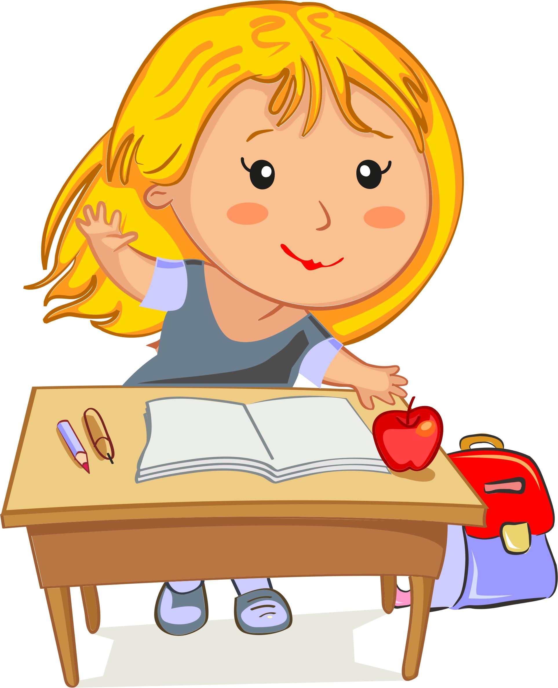 Blonde Girl Raising Her Hand Sitting At Her Desk In School png