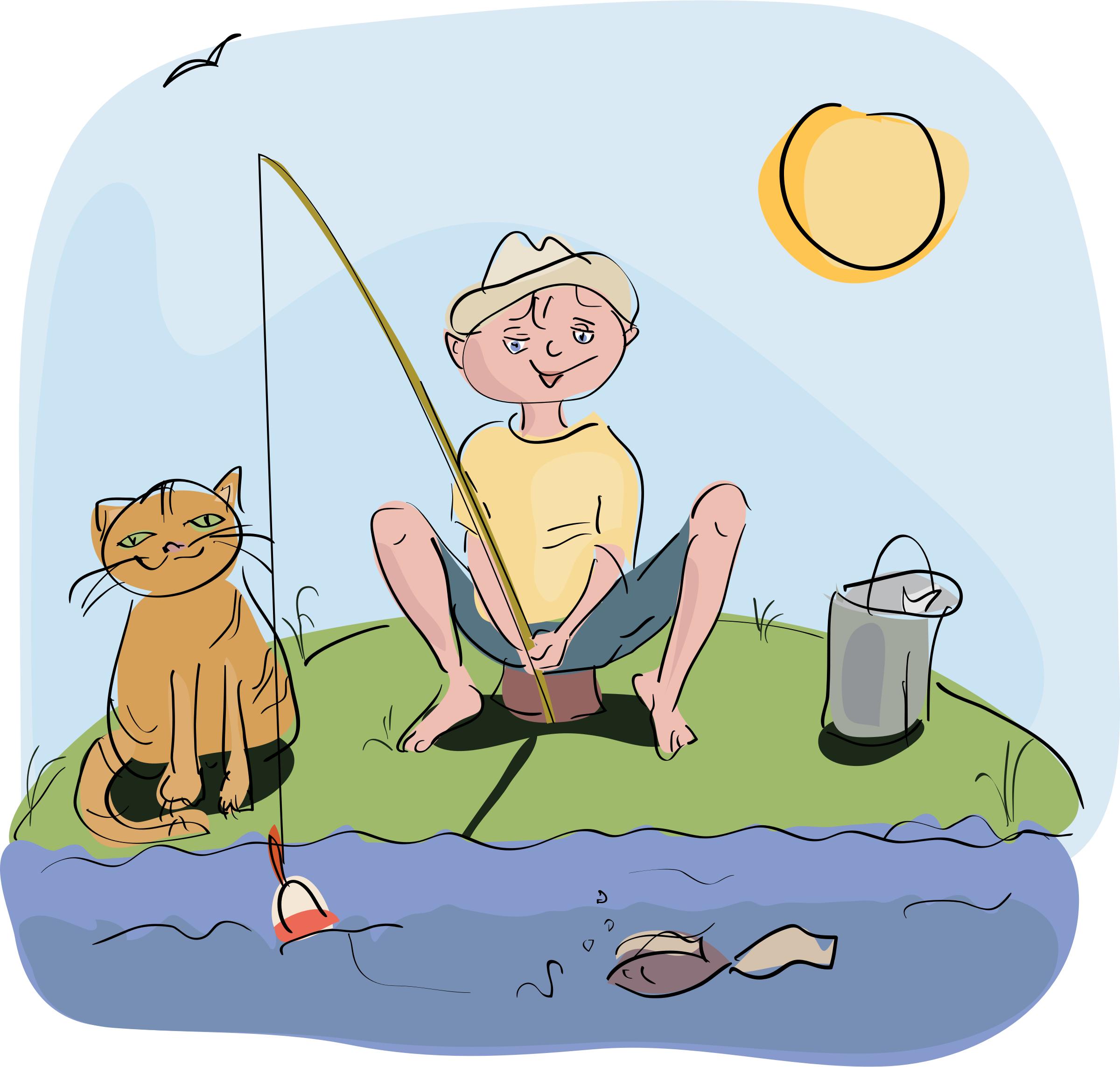 boy and cat fishing png