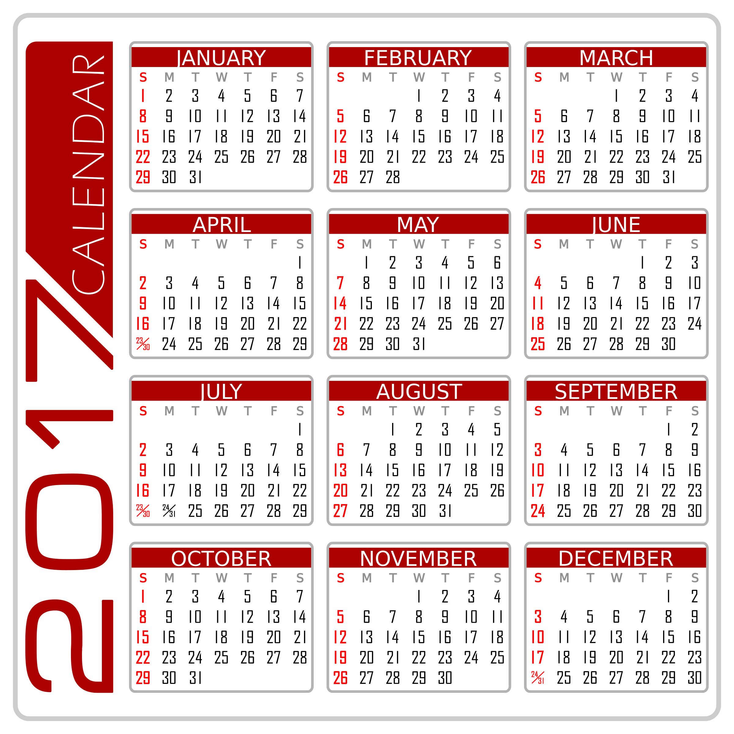 Calendar 2017 - English Version (White and Red-I) PNG icons