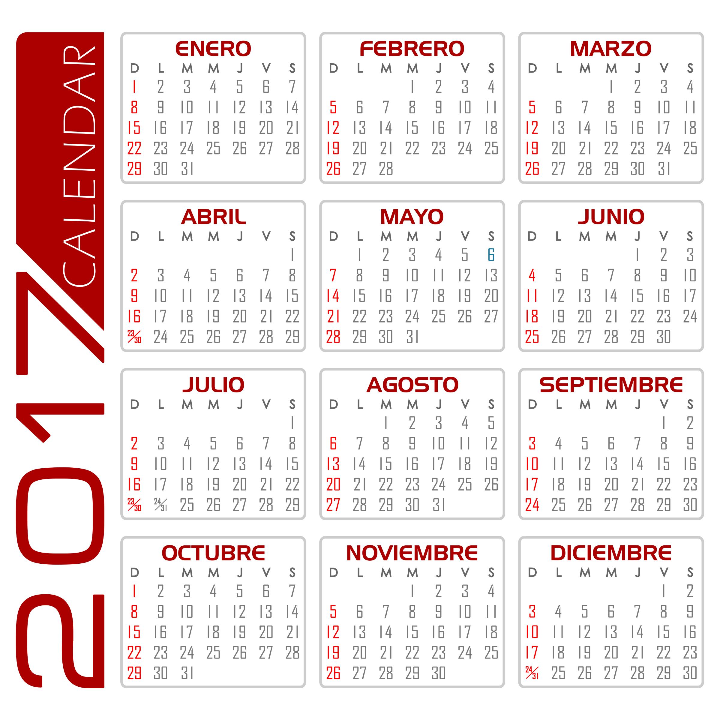 Calendario 2017 – Español (Blanco y Rojo) png