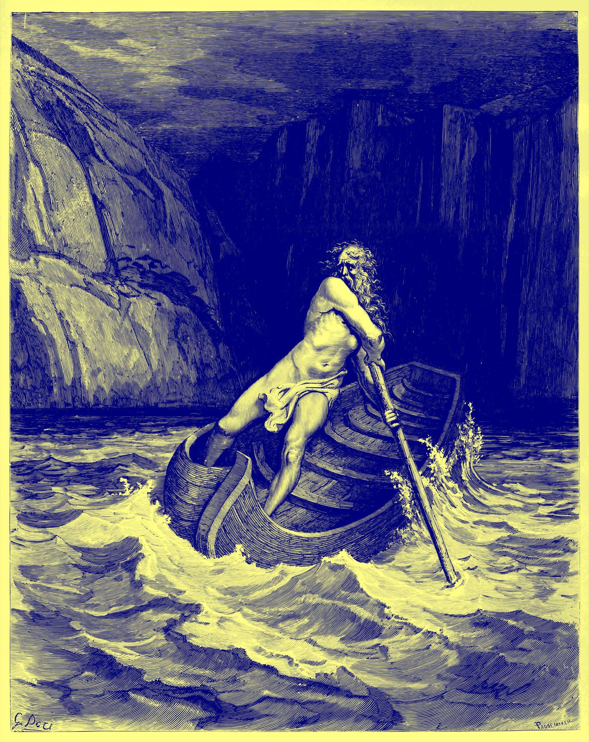 Charon, by Doré 1857 (in blue ink on yellow paper) png