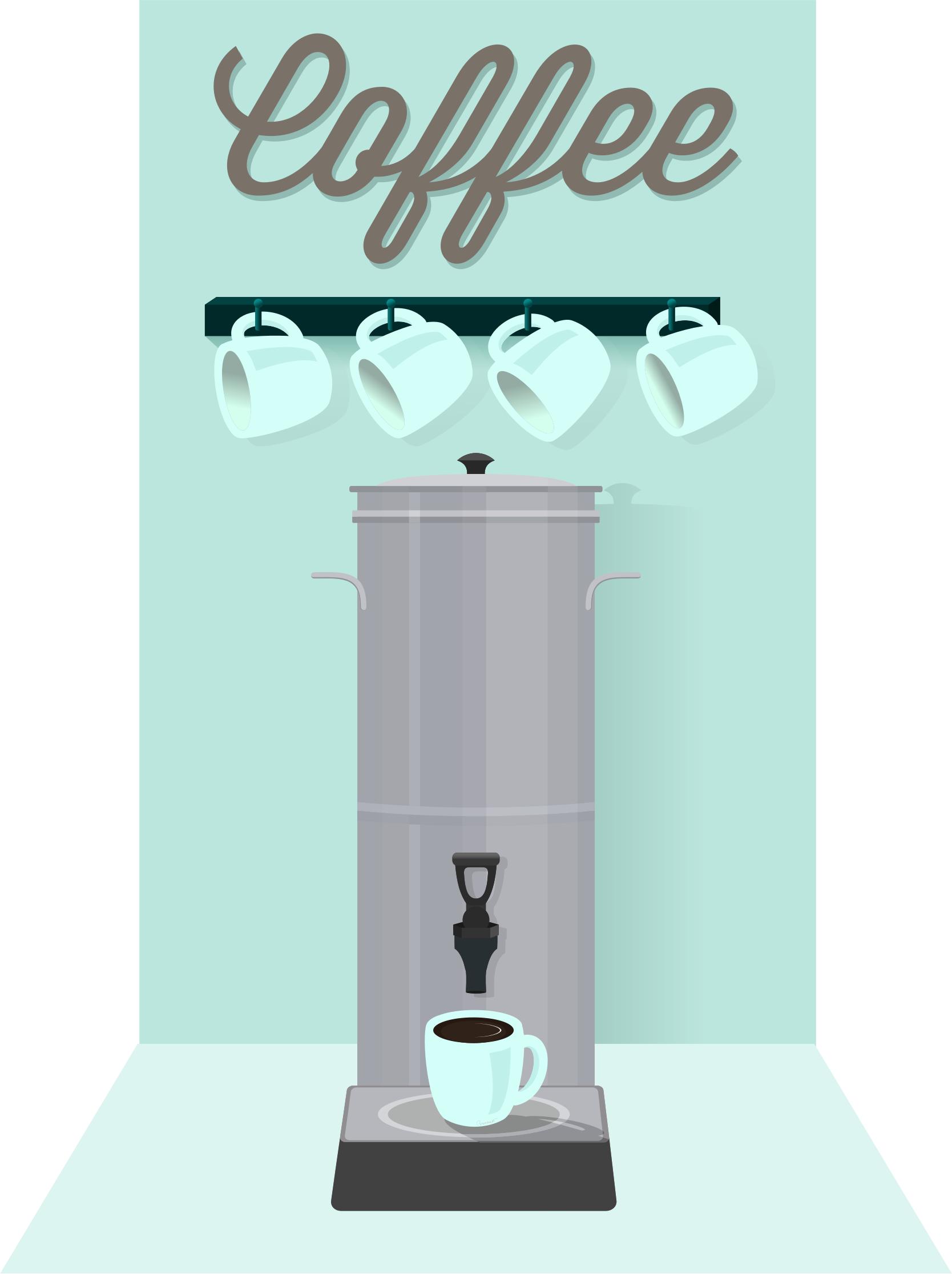 Coffee Percolator, Cups, and Sign png