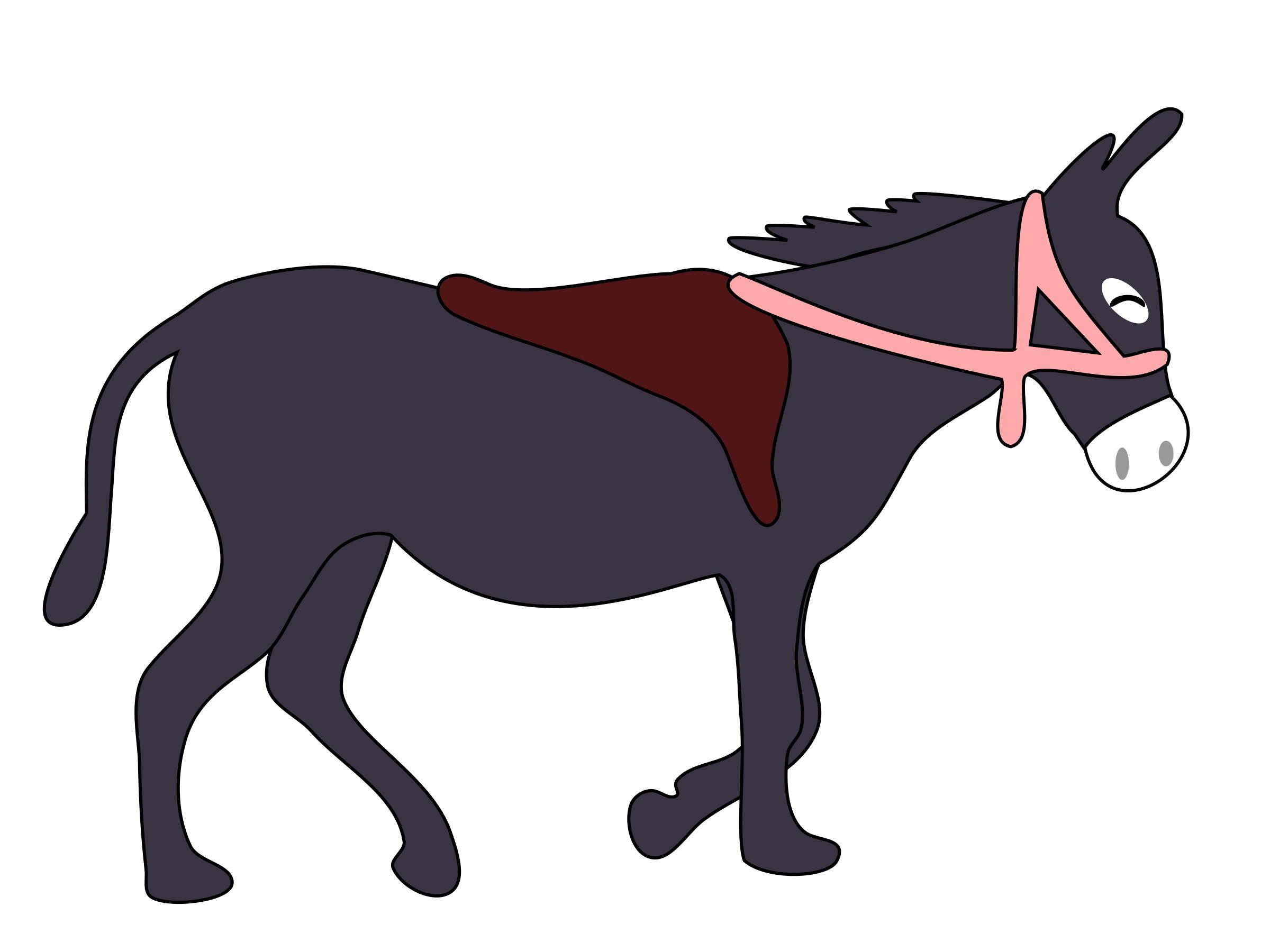 donkey is smiling with a saddle and a pink bridle png