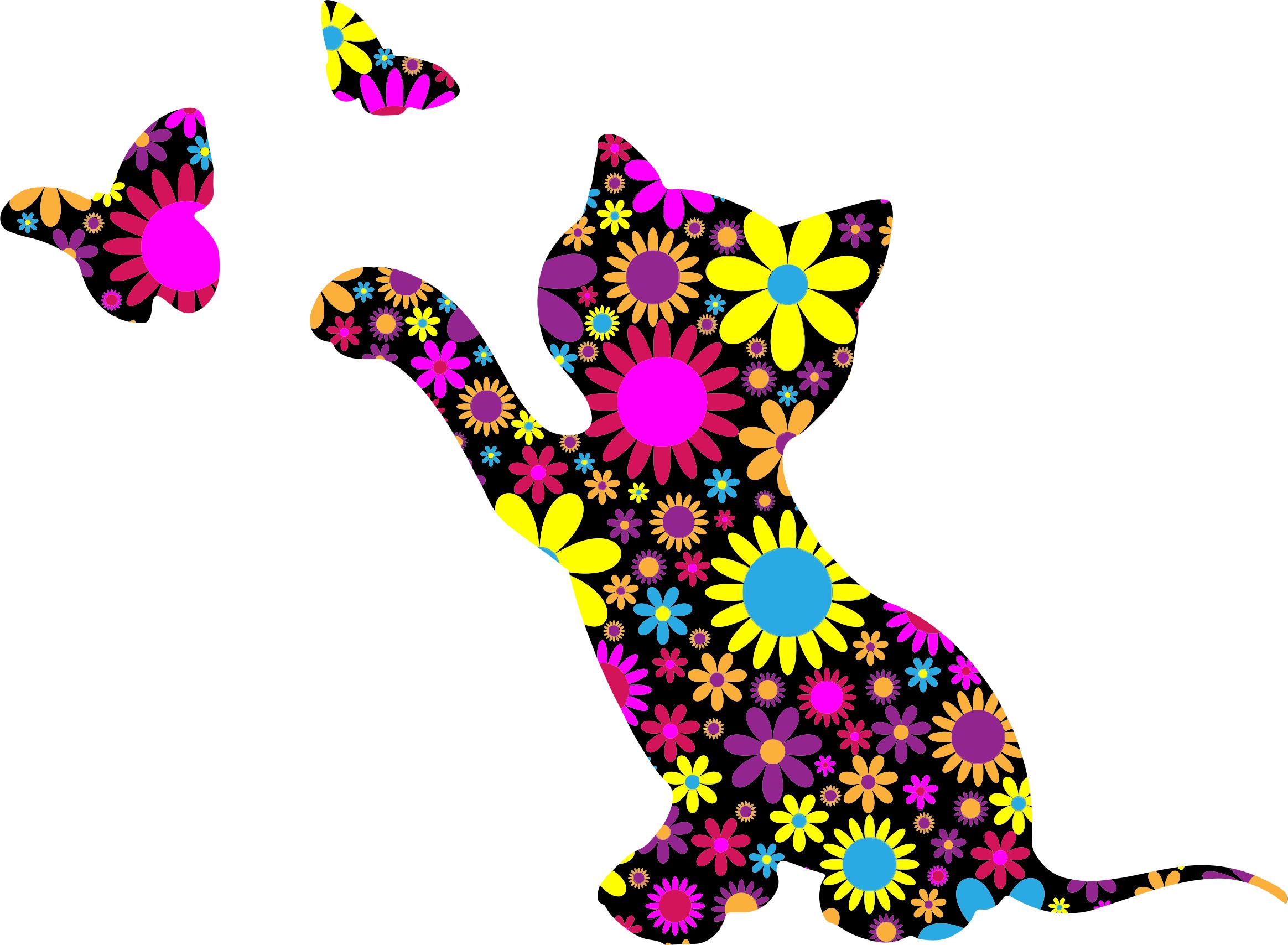 Floral Kitten Playing With Butterflies Silhouette png