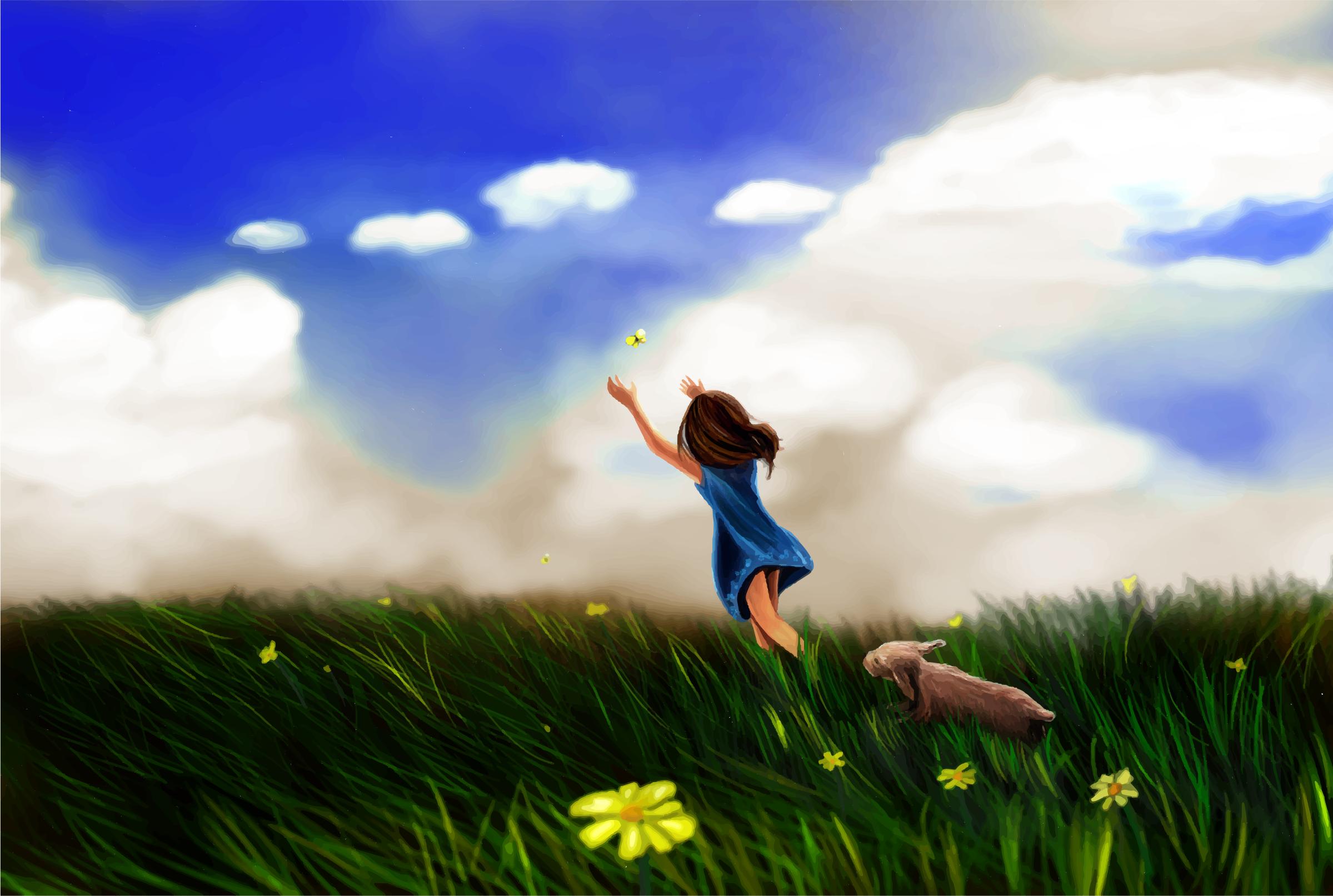 Little Girl Chasing Butterfly In An Open Field png