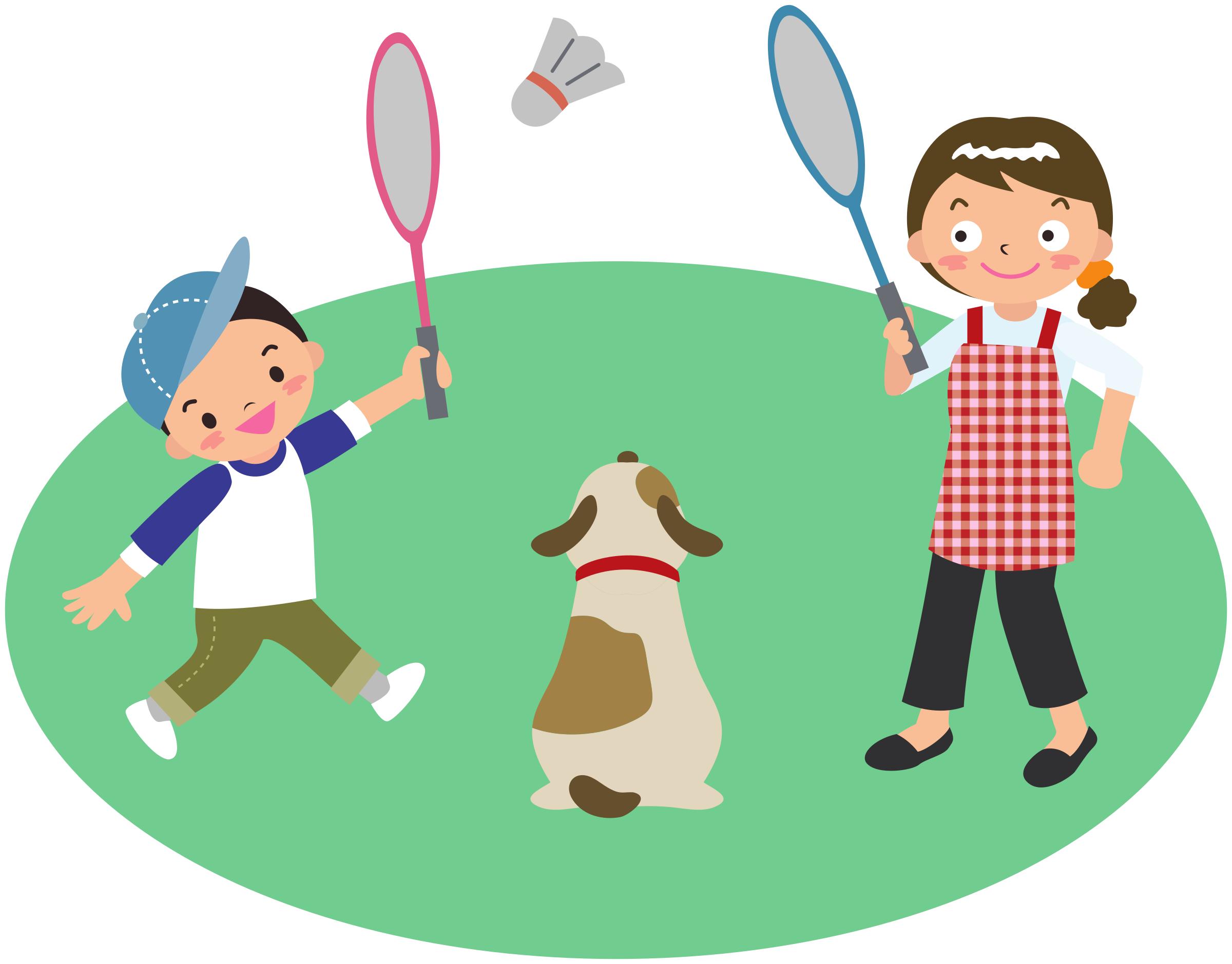 Mother plays badminton with son and dog png