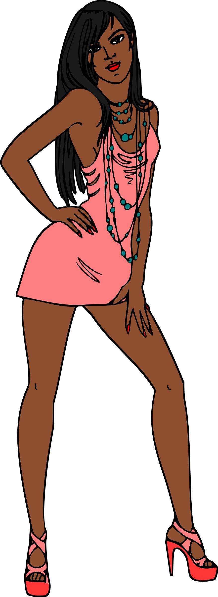 Woman in short pink dress (black hair, dark skin) PNG icons