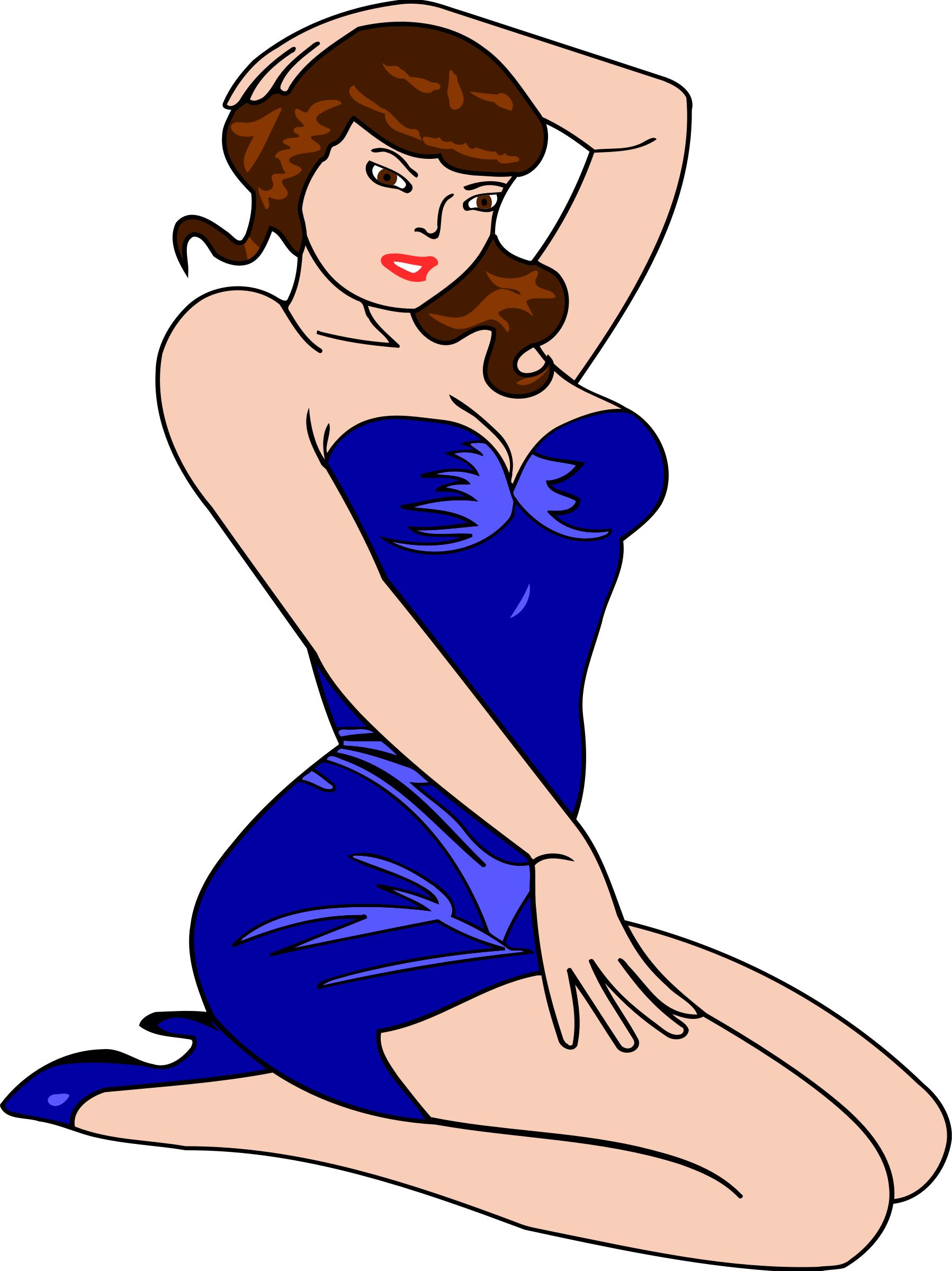 Woman kneeling (light skin, blue dress, brown hair) png