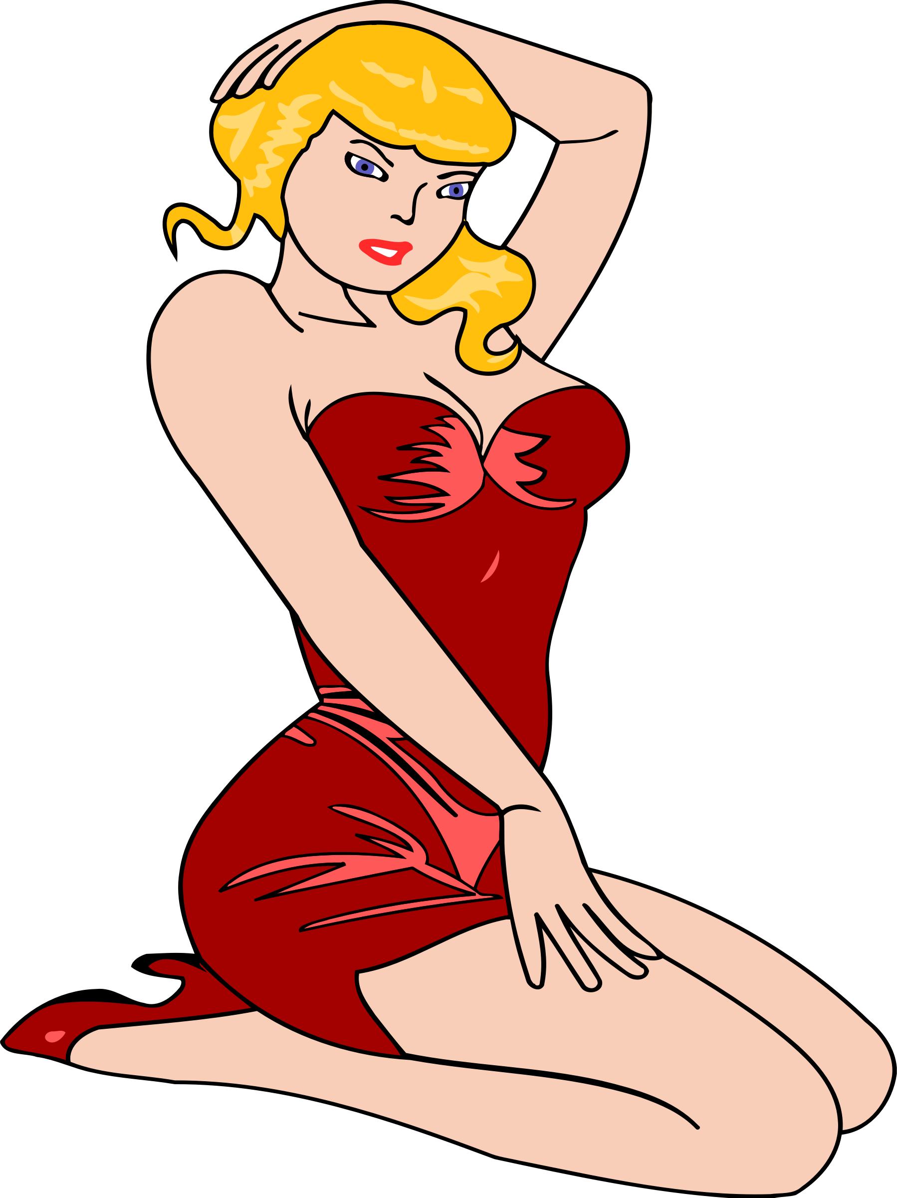 Woman kneeling (light skin, red dress, blonde hair) png