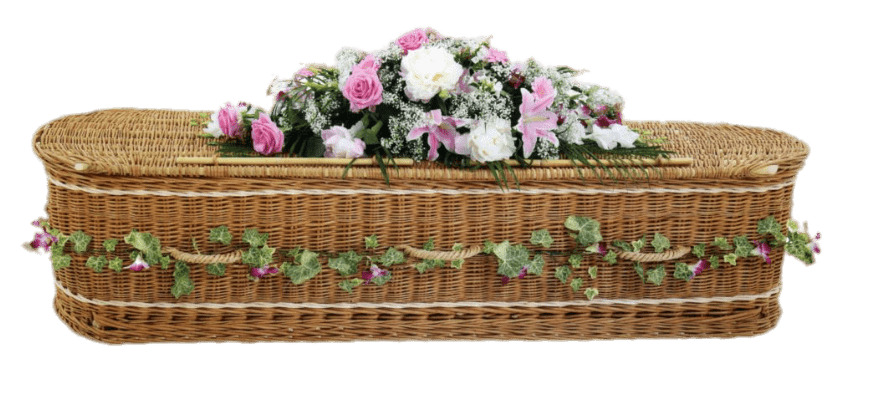 Woven Wicker Coffin Decorated With Flowers icons