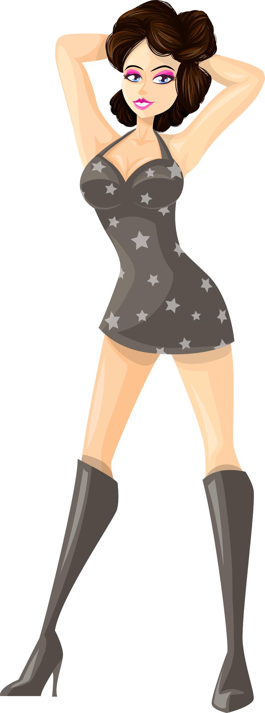 Young lady 2 (brown hair, light skin, starry dress #1) png