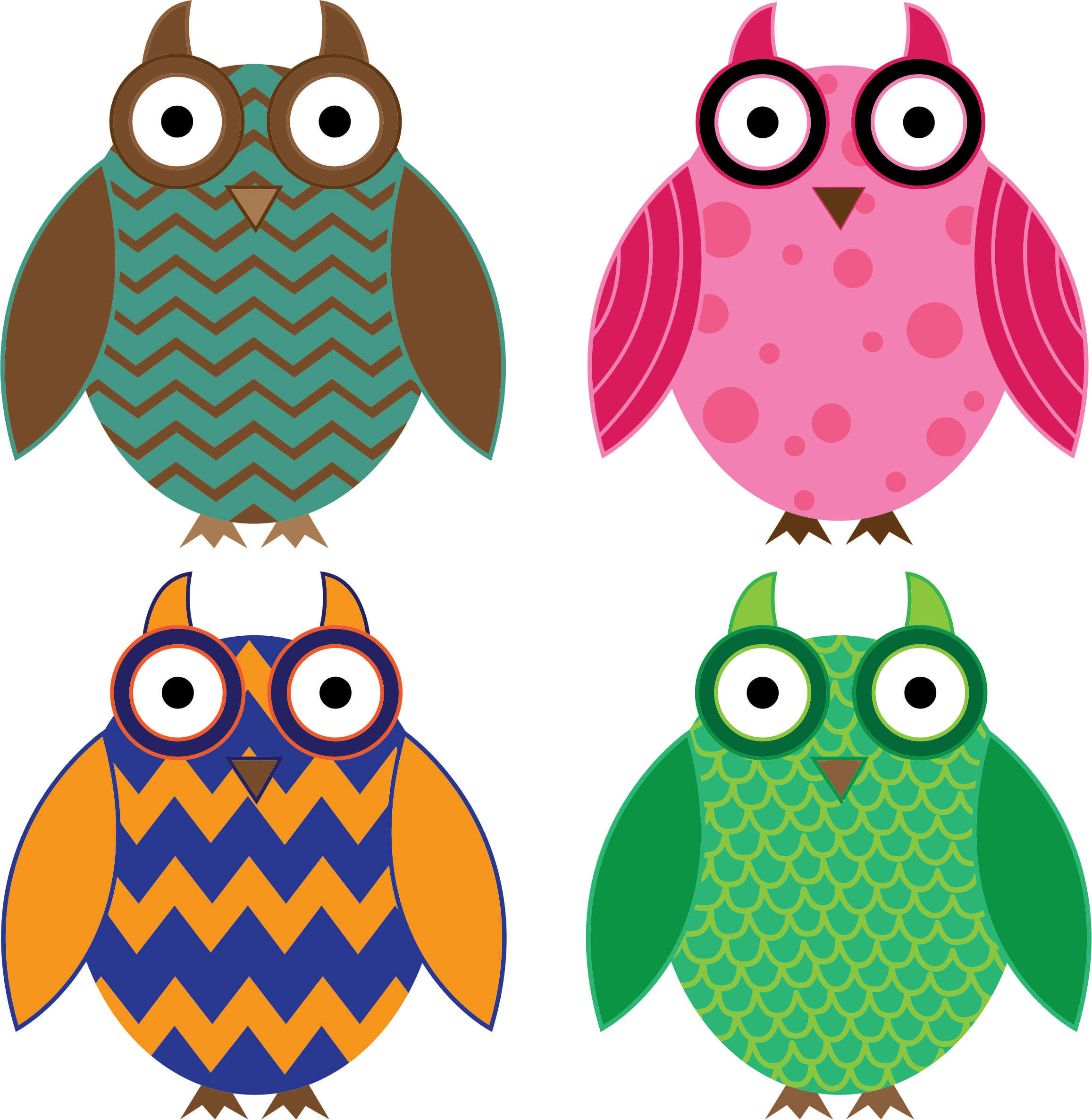 Four Colorful Owls SVG Clip arts