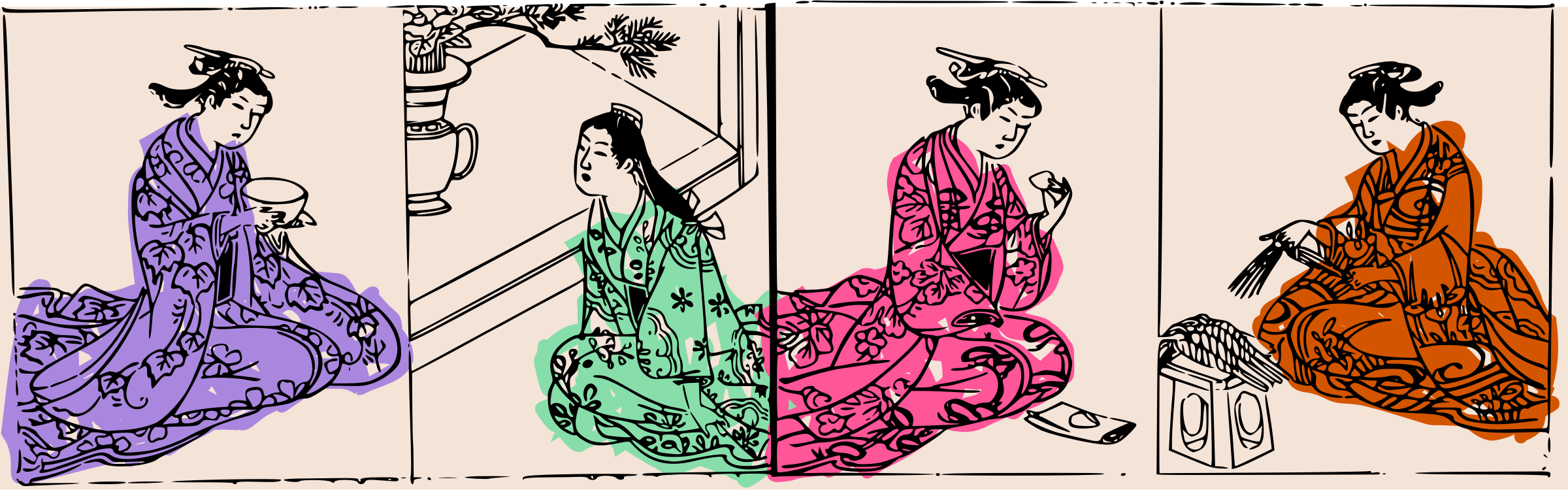 Four Kimono Ladies - colour Clip arts