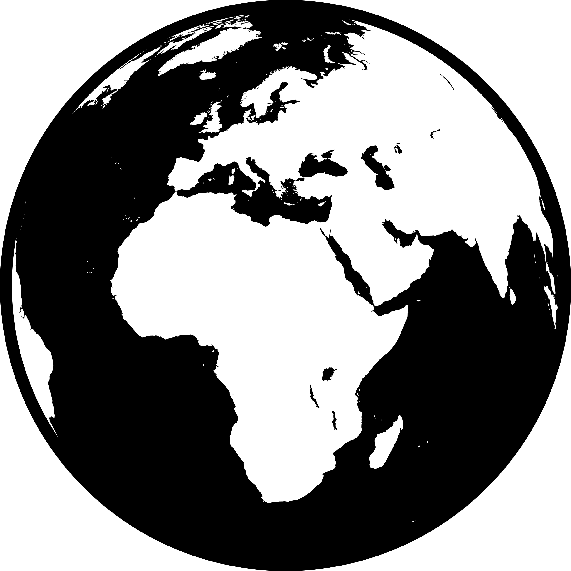 Globe showing Africa, Asia and Europe in black and white (detailed) PNG icon