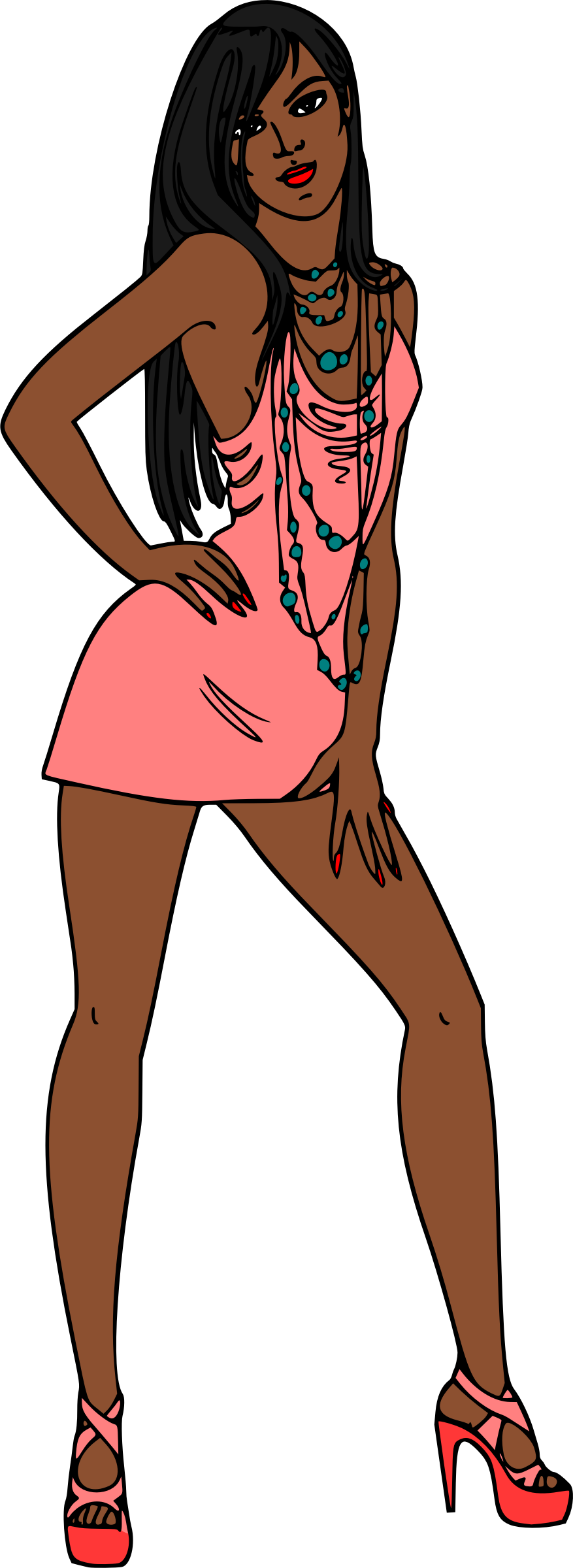 Woman in short pink dress (black hair, dark skin) PNG icon